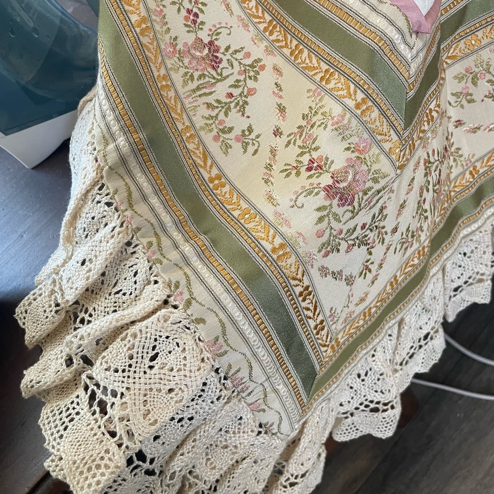 “My Baby” vintage baby quilt, brocade & crocheted lace edging.  48” sq appx